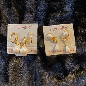 Vintage Marvella Faux Gold Earrings with Faux Pearl Drops NOS